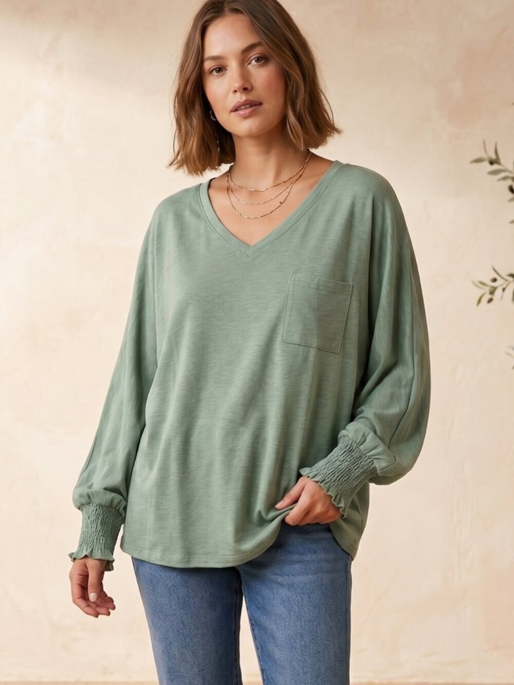 NWT | BTFBM Sage Green V-Neck Long Sleeve Top | Smocked Cuffs | XXL